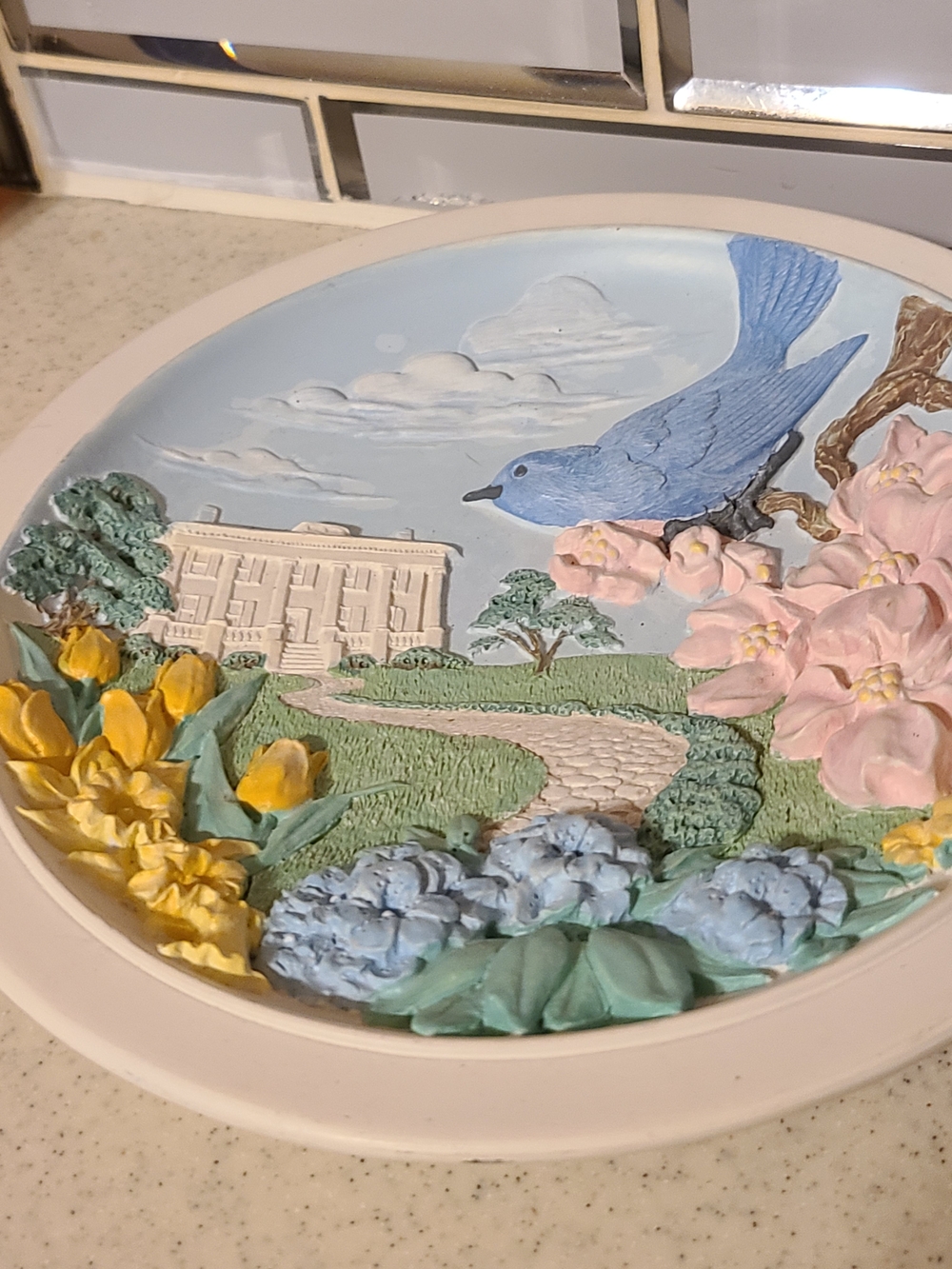 Avon Blue Bird Floral Wall Plaque with Pastel Garden Colors So.nice Nwot